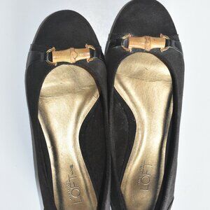 Ann Taylor LOFT black suede flats with gold-toned bamboo buckle US 7